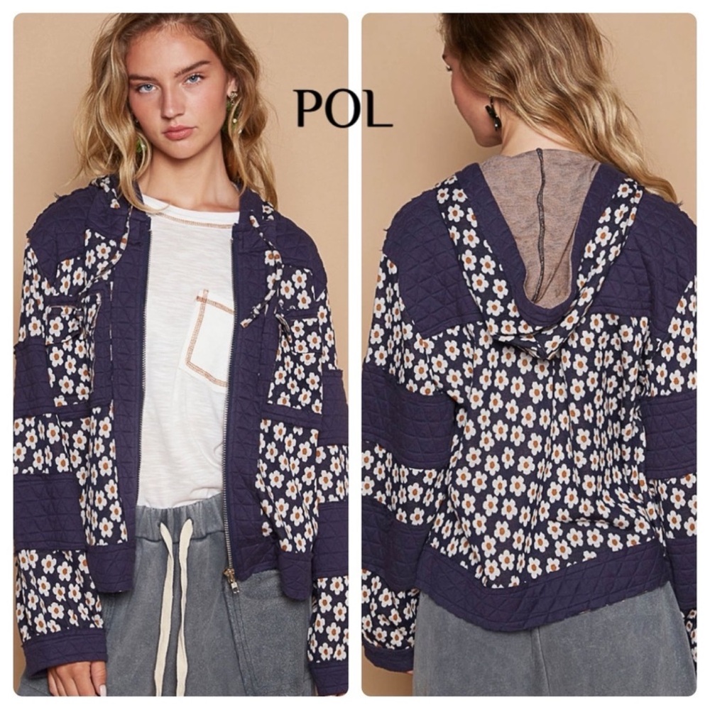 New POL Hooded Quilted Navy‎ Blue Jacket with Daisies Size Med